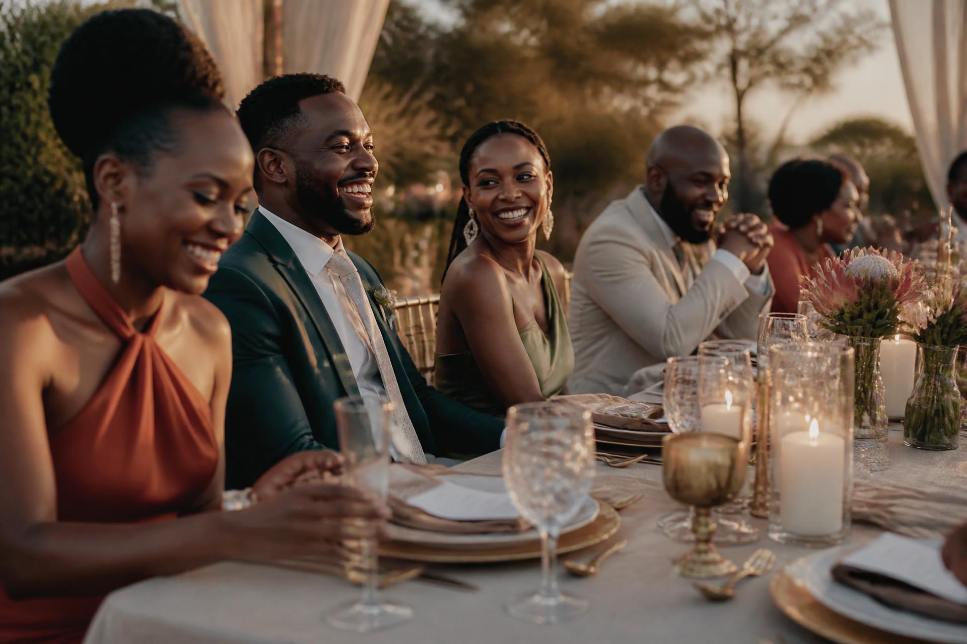 Elegant banquet table with candles and guests at a golden hour celebration