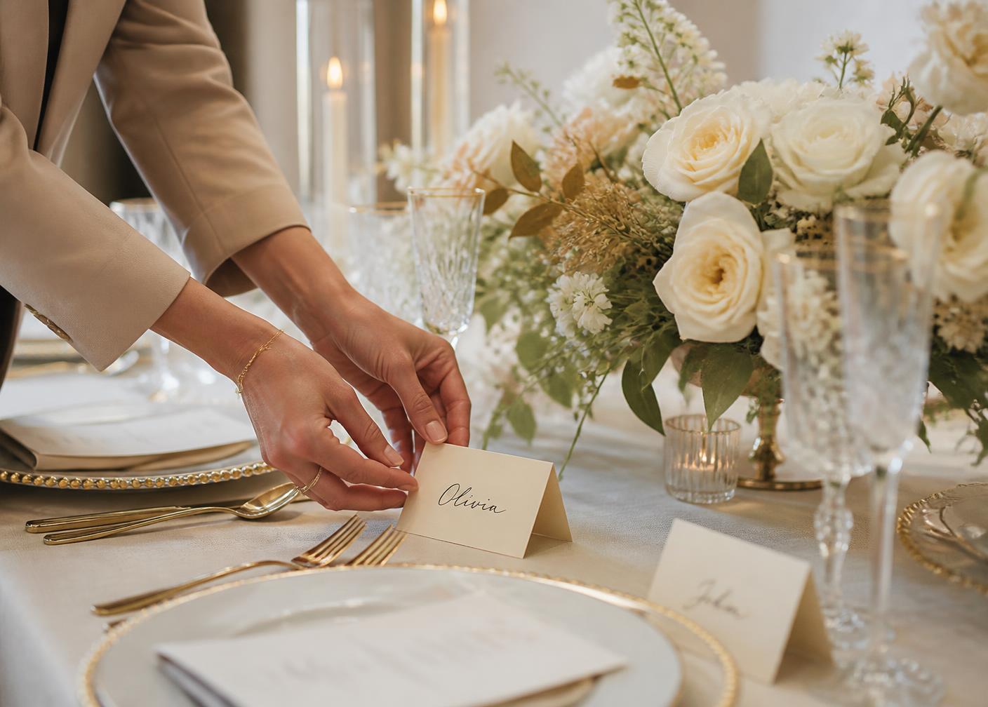 Place cards and florals arranged on an elegant event table with gold accents
