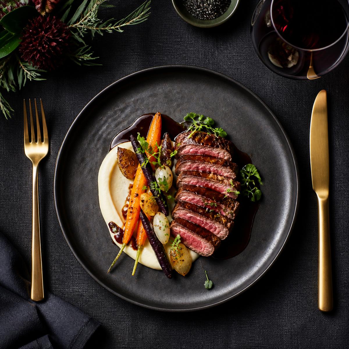 Plated main course on a dark ceramic plate