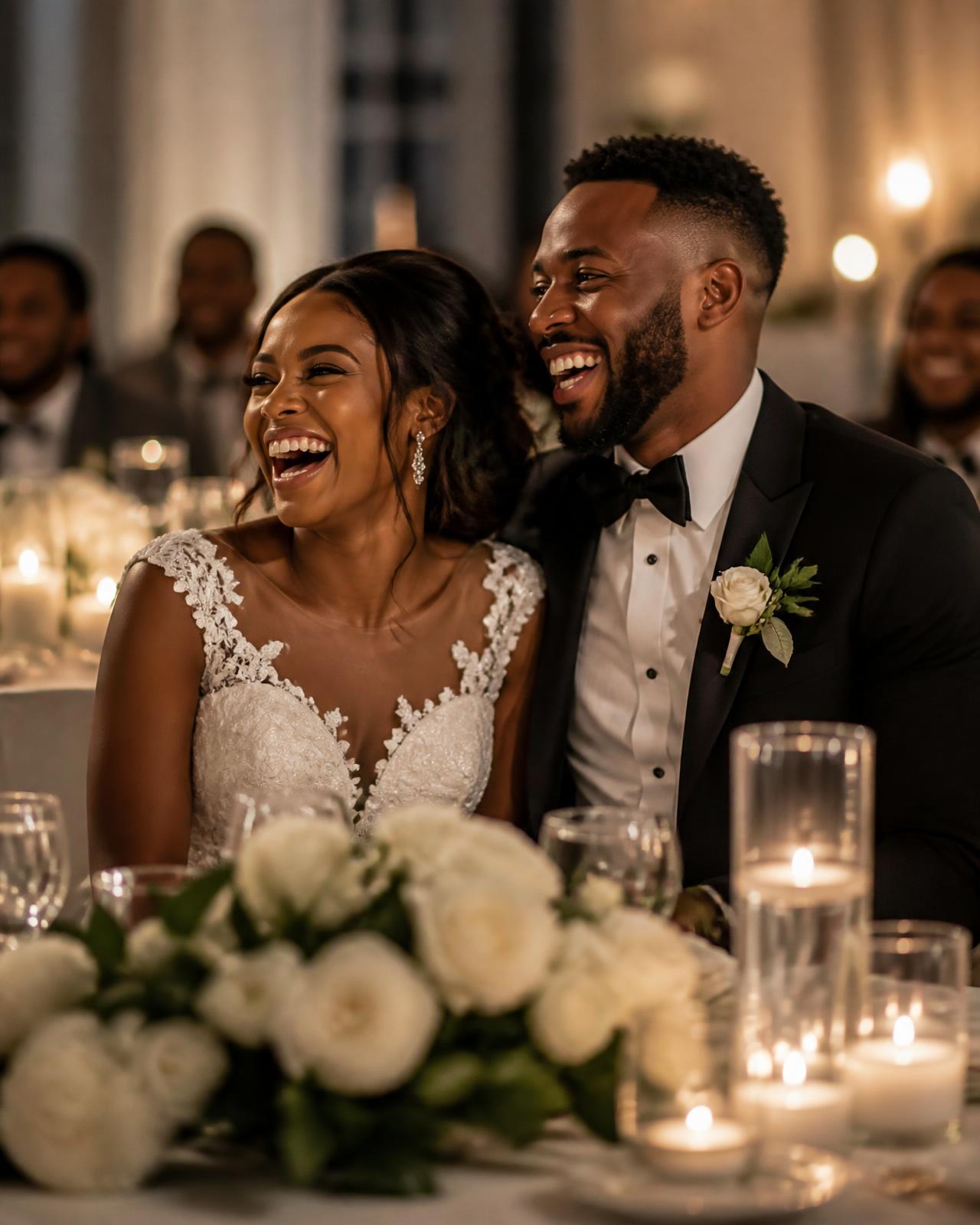 Newlyweds celebrating at a softly lit wedding reception table
